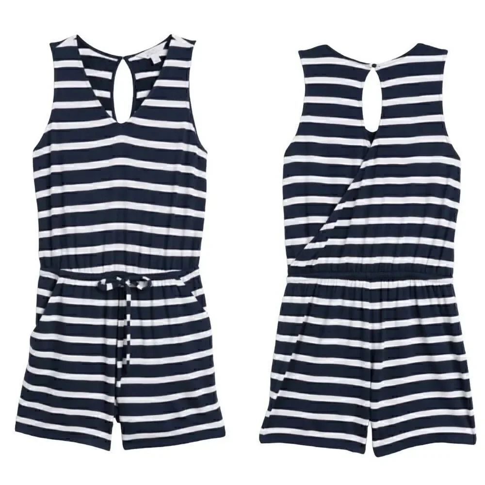 Market & Spruce Toni Keyhole Back Sleeveless Navy White Romper Size Small